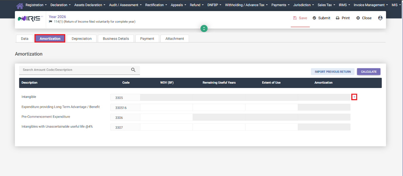 Amortization tab in IRIS Business section