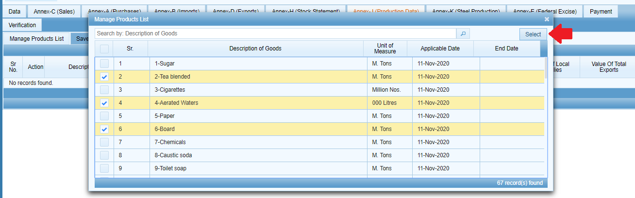 Sales Tax Annexures Explained: Annex-A to Annex-P in IRIS 10 Selecting products in Manage Products List