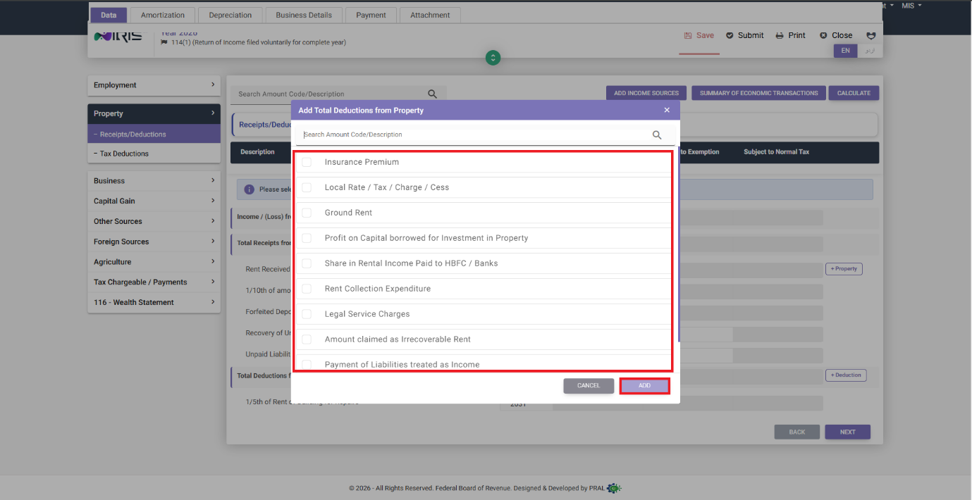 Add Total Deductions from Property modal in IRIS
