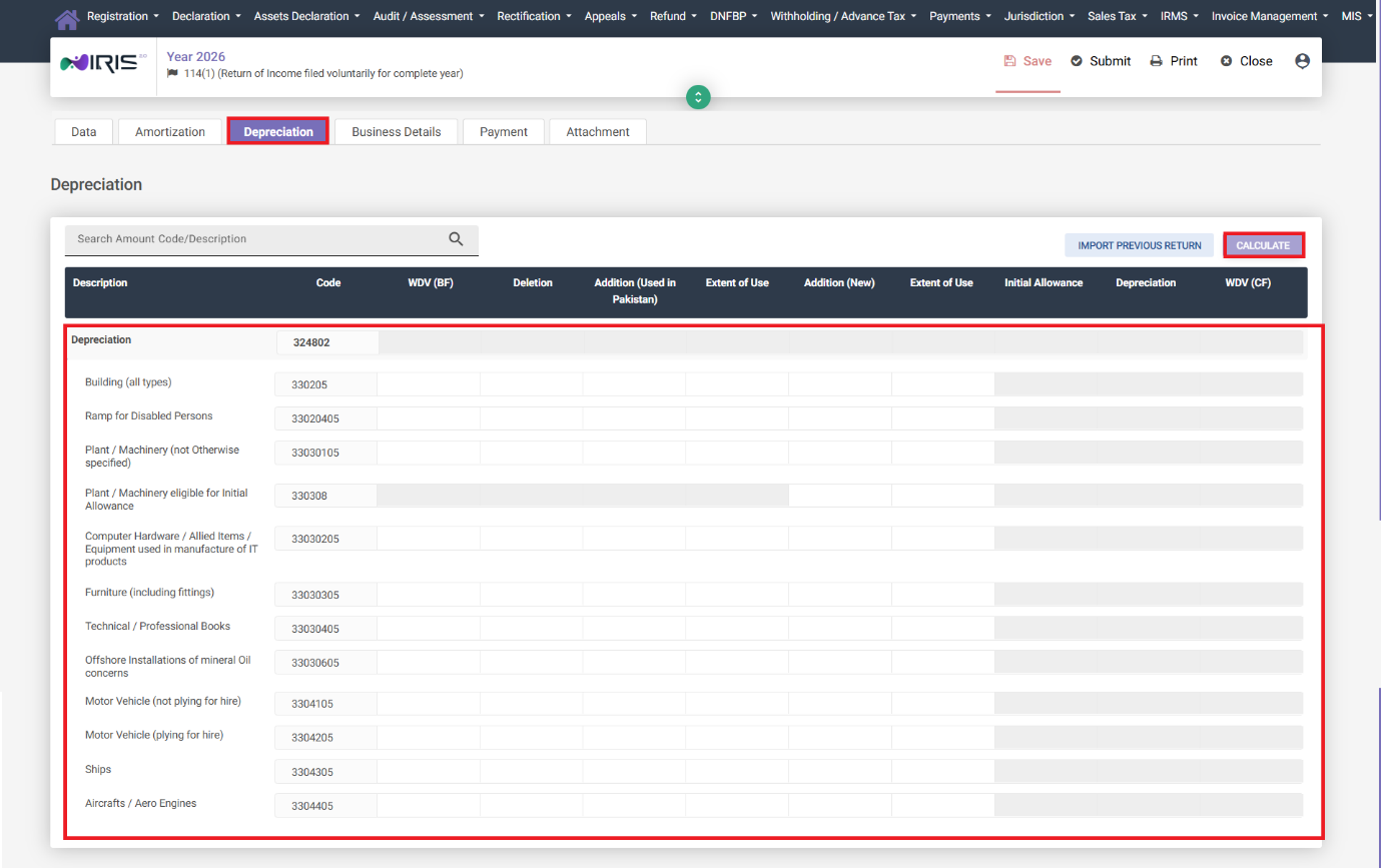 Depreciation tab in IRIS Business section