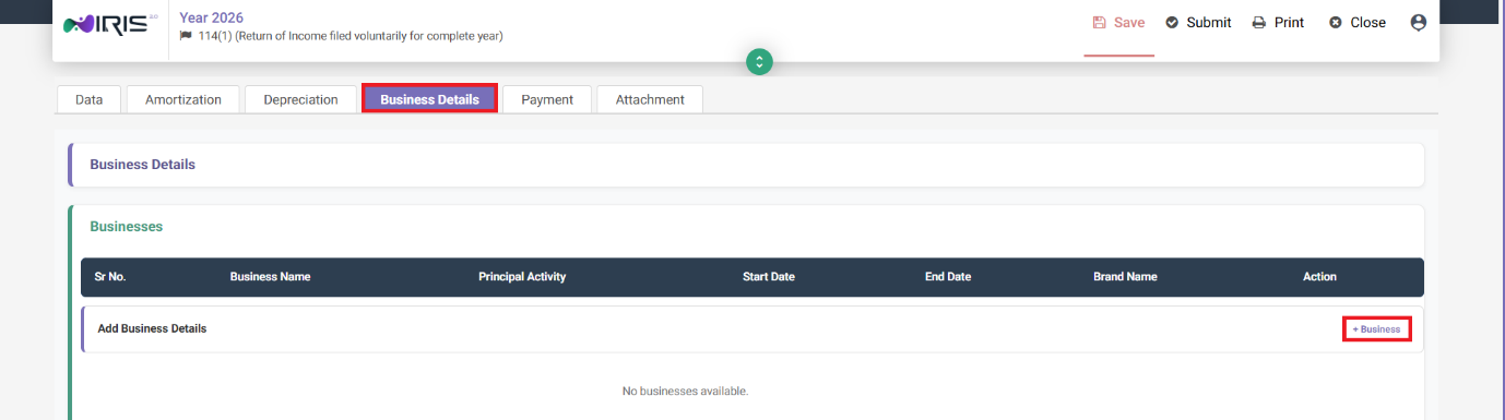 Business Details tab in IRIS