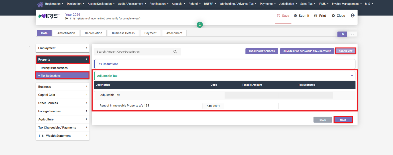 Tax Deductions Adjustable Tax tab for Property in IRIS