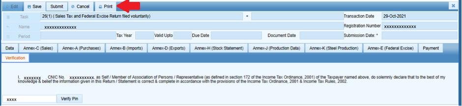 Print button in IRIS Sales Tax Return