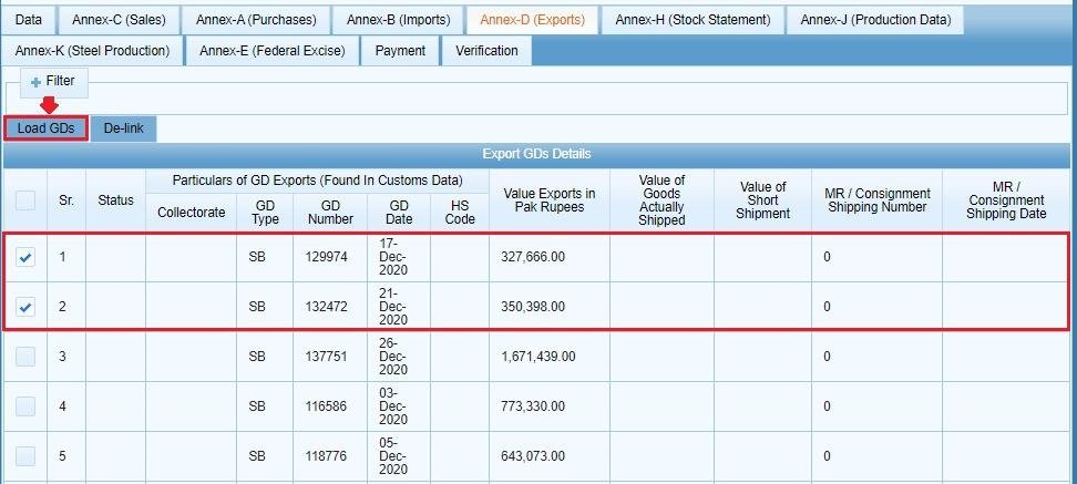 Selecting export GDs in IRIS Annex-D