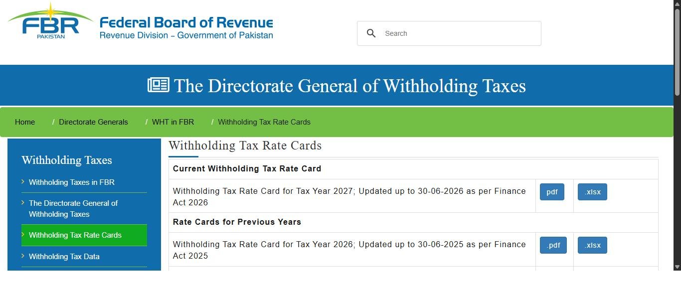 FBR official Withholding Tax Rate Card for Tax Year 2027 per Finance Act 2026