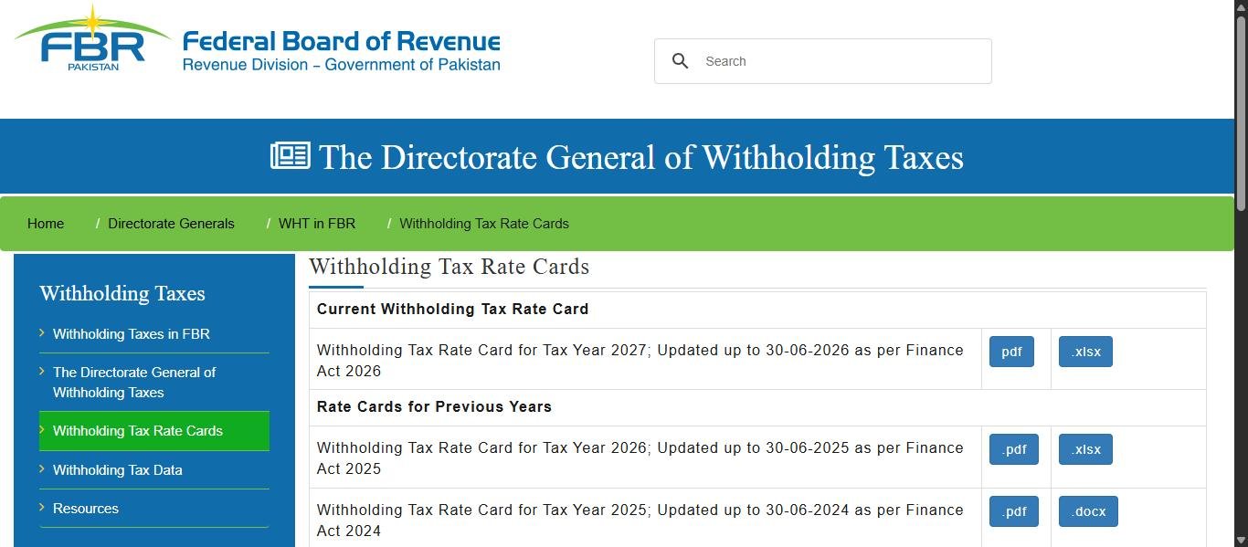FBR Withholding Tax Rate Card official page