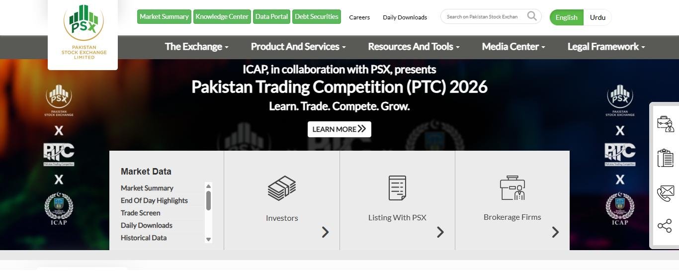 Pakistan Stock Exchange (PSX) official website homepage