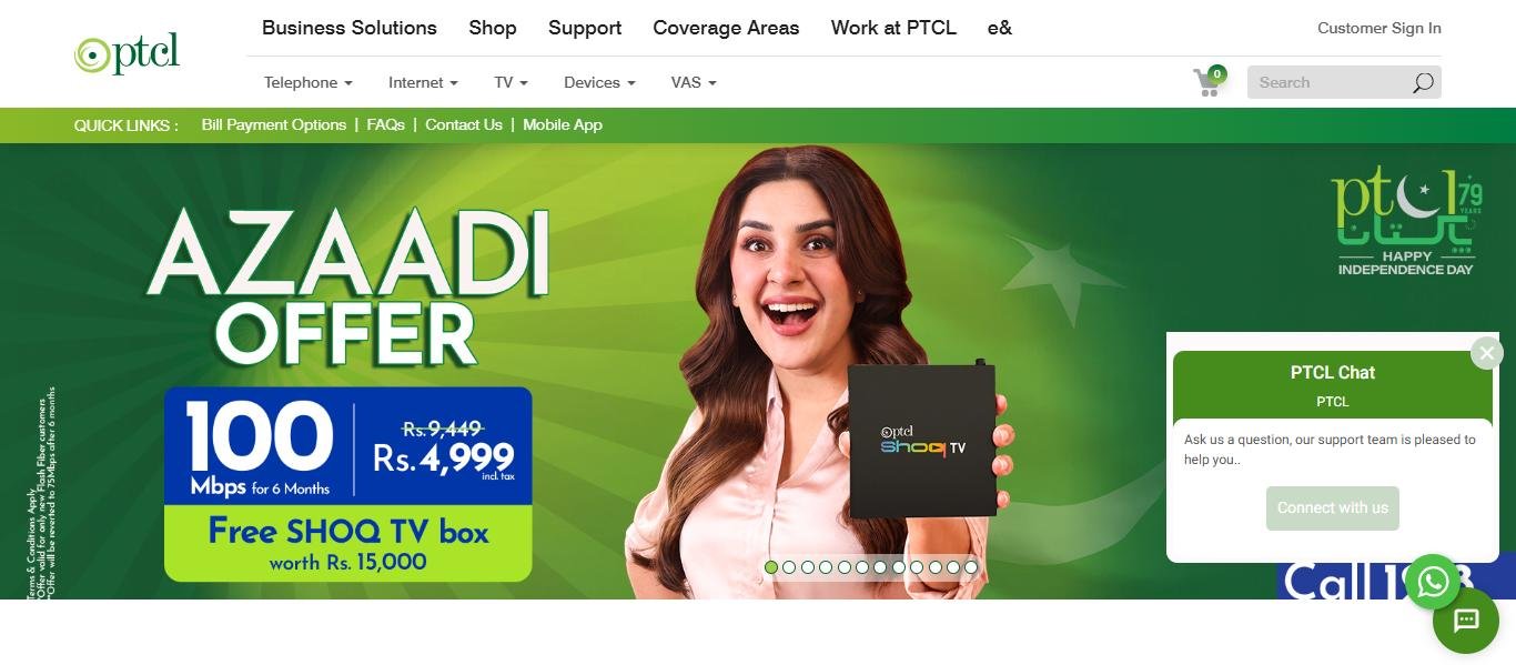 PTCL official website homepage, Pakistan Telecommunication Company Limited