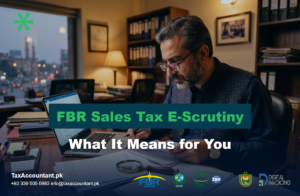 Pakistani business owner reviewing sales tax e-scrutiny documents
