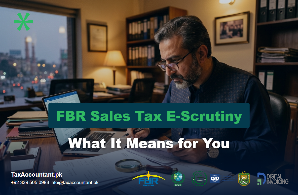 Pakistani business owner reviewing sales tax e-scrutiny documents