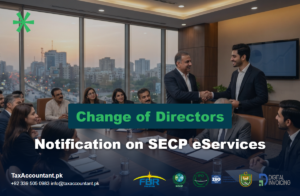 Board of directors meeting where a new director is welcomed and an outgoing director hands over, illustrating a change of directors notification on SECP eServices