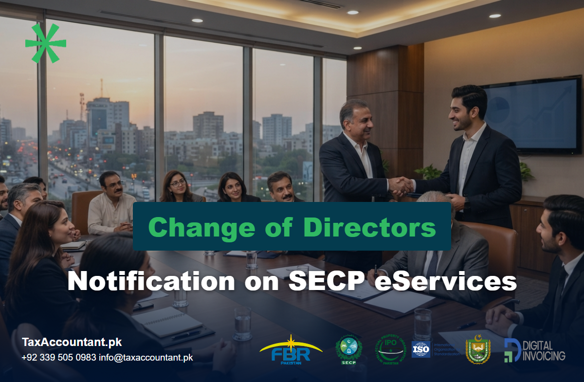 Board of directors meeting where a new director is welcomed and an outgoing director hands over, illustrating a change of directors notification on SECP eServices