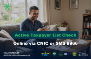 Smiling man checking his FBR Active Taxpayer List status on his smartphone at home