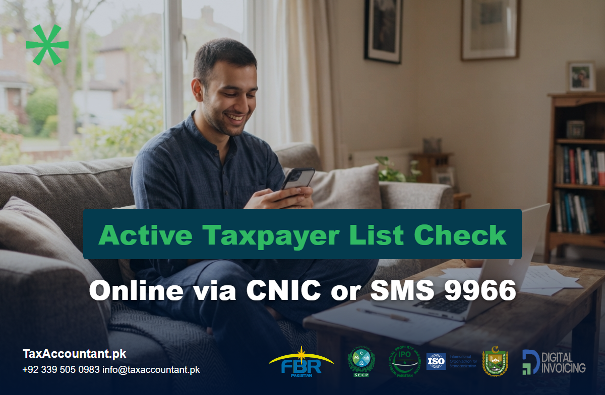 Smiling man checking his FBR Active Taxpayer List status on his smartphone at home