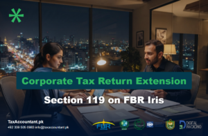 Finance team working late reviewing audit files, illustrating a corporate income tax return extension under Section 119 on FBR Iris