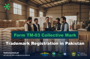 Rice exporters association members in a warehouse beside sacks and boxes carrying the same collective mark seal, illustrating Form TM-03 collective trademark registration in Pakistan
