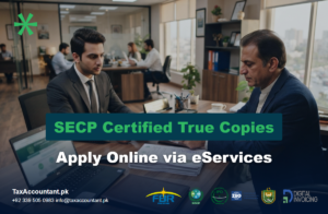 Business owner handing stamped SECP certified true copies of company documents to a banker, illustrating how to apply for SECP certified true copies online