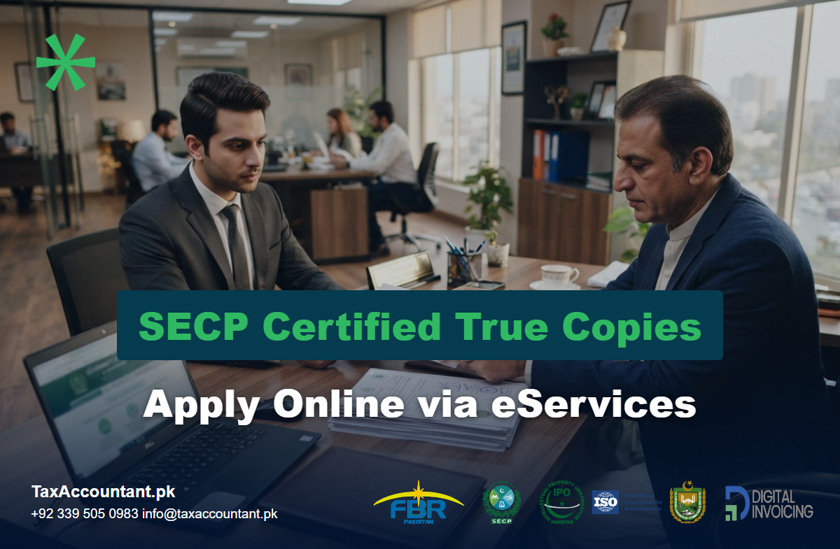 Business owner handing stamped SECP certified true copies of company documents to a banker, illustrating how to apply for SECP certified true copies online