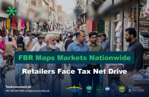 FBR officials with a trader representative mapping shops in a Pakistani bazaar for the Asaan Tajir tax scheme