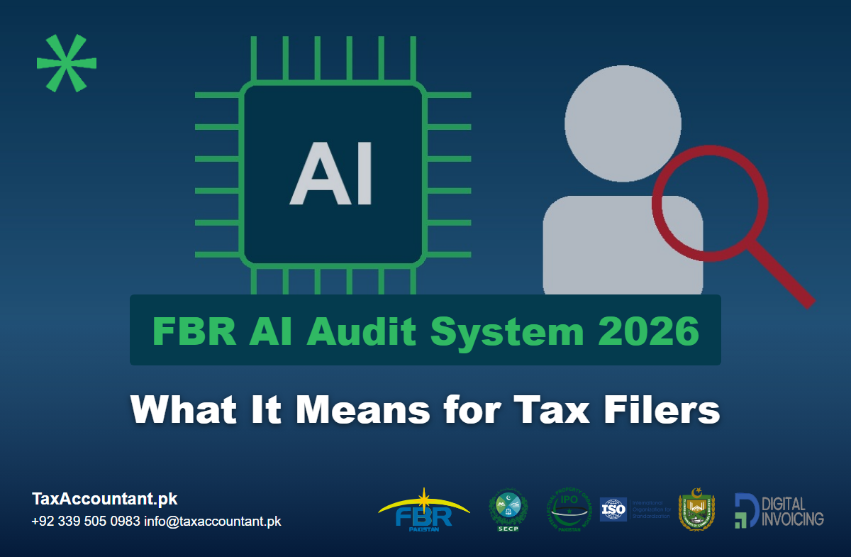 AI chip beside a faceless taxpayer silhouette under a magnifying glass illustrating the FBR AI audit system 2026