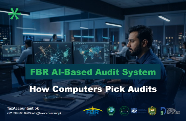 Pakistani tax analyst at a data operations desk with network graphs: FBR AI-based audit system