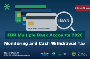 Tax & Business Compliance Services in Pakistan | Income Tax, NTN & Company Registration 7 Stacked bank cards under a magnifying glass showing IBAN to illustrate FBR multiple bank accounts monitoring 2026