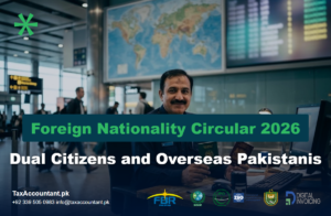 Officer at an airport desk holding a Pakistani passport and a foreign passport for the FBR foreign nationality circular 2026