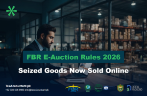 Businessman bidding online with a warehouse of seized goods behind him for FBR e-auction rules 2026