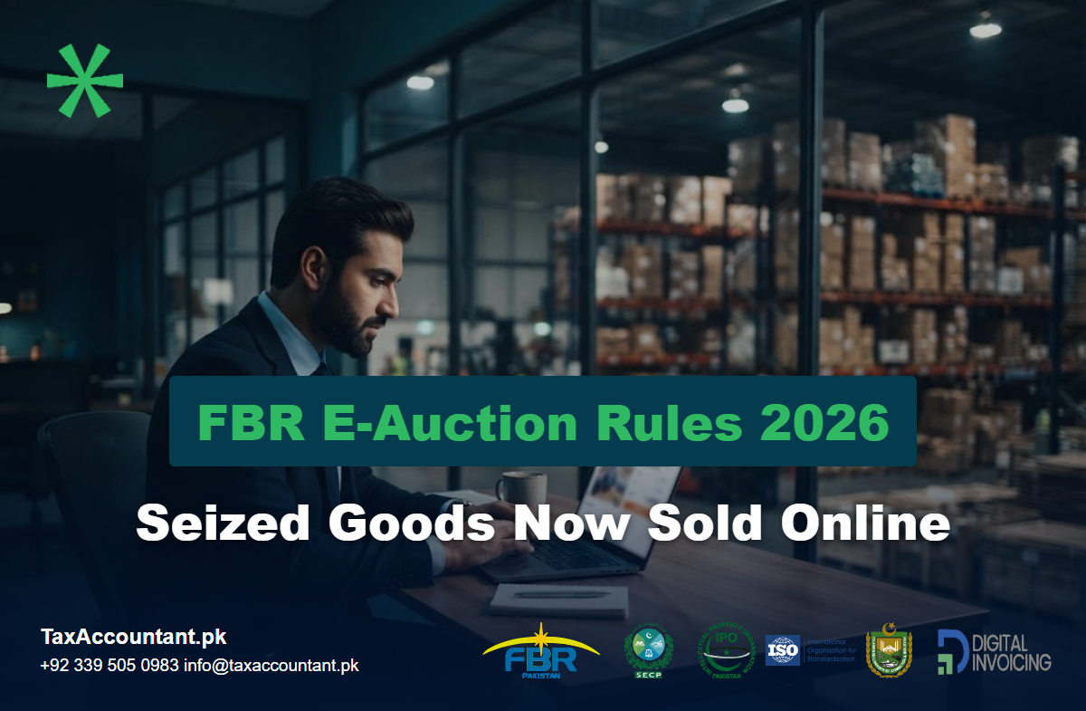 Businessman bidding online with a warehouse of seized goods behind him for FBR e-auction rules 2026