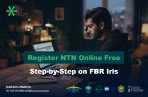 Freelancer registering an NTN online on a laptop with an ID card and phone on the desk