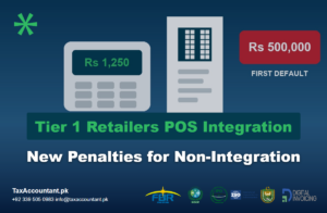 Tax & Business Compliance Services in Pakistan | Income Tax, NTN & Company Registration 8 POS terminal and QR receipt beside a Rs 500,000 first default penalty tag for non-integrated Tier 1 retailers