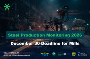 Steel mill rolling line with a CCTV monitoring camera and sensor gantry for FBR steel production monitoring 2026