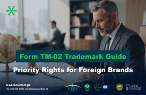 Tax & Business Compliance Services in Pakistan | Income Tax, NTN & Company Registration 8 Business executive reviewing a foreign trademark certificate and Pakistan Form TM-02 application papers at a desk with a globe and passport