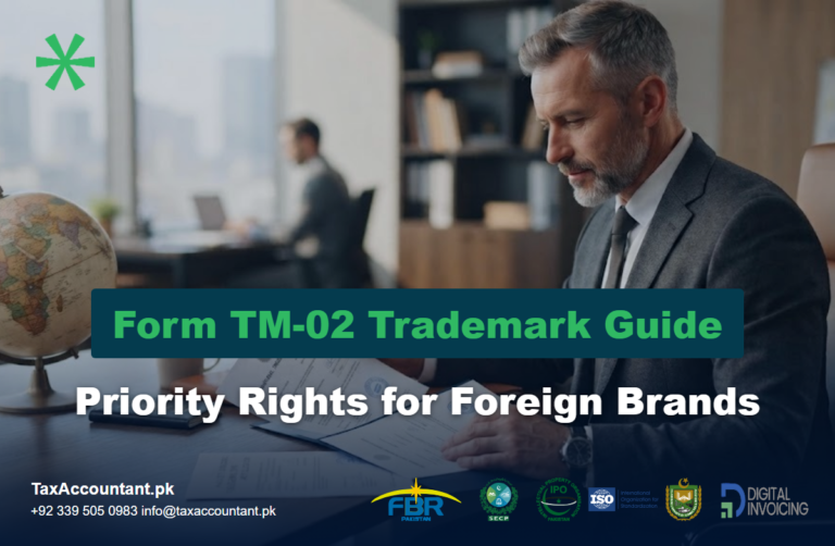 Business executive reviewing a foreign trademark certificate and Pakistan Form TM-02 application papers at a desk with a globe and passport