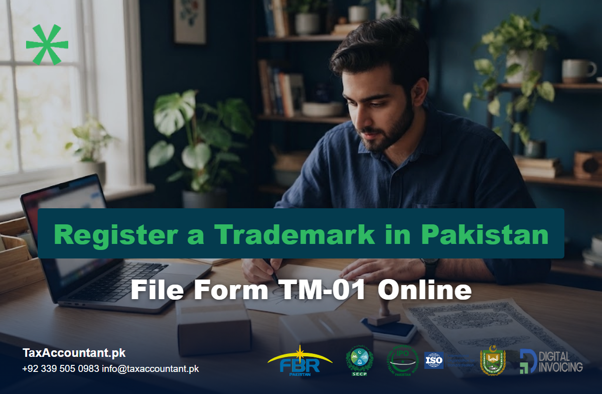 Entrepreneur sketching a logo at a desk to register a trademark in Pakistan with Form TM-01